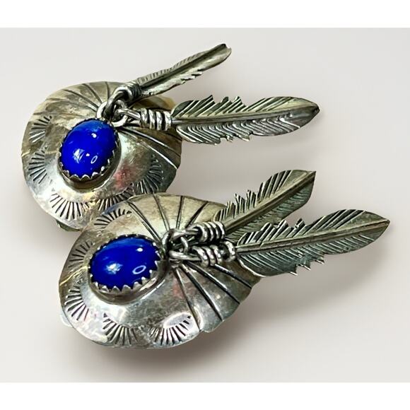 VTG Navajo Style Sterling Silver Feather Earrings w/ Blue Lapis Cabochon 9.6g - Picture 3 of 11